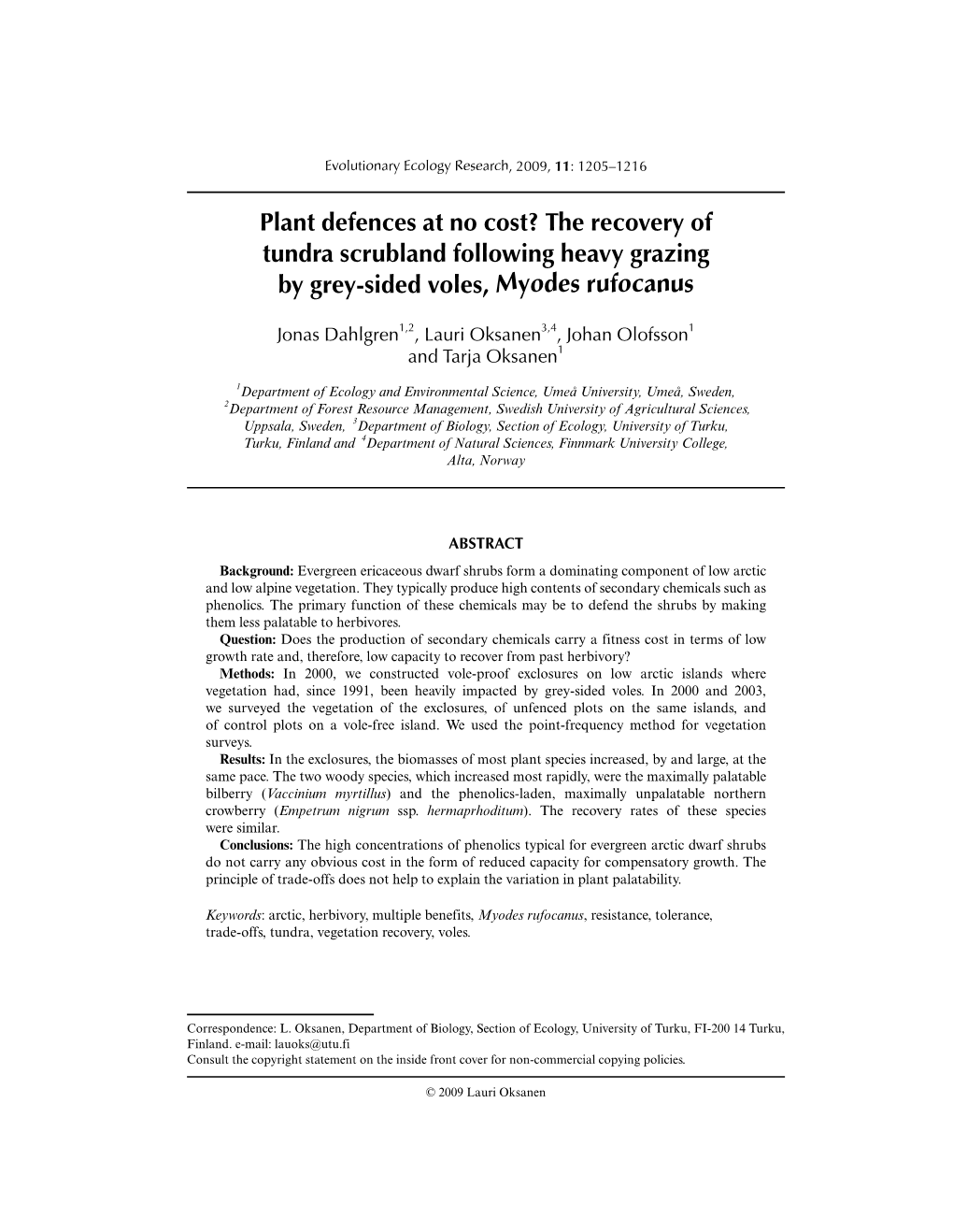 Plant Defences at No Cost? the Recovery of Tundra Scrubland Following Heavy Grazing by Grey-Sided Voles, Myodes Rufocanus