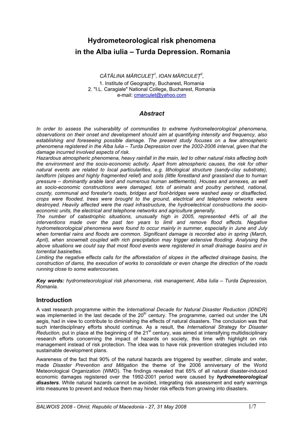 Hydrometeorological Risk Phenomena in the Alba Iulia – Turda Depression