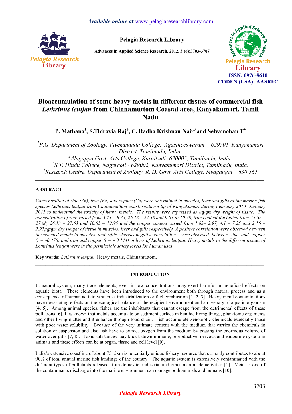 Bioaccumulation of Some Heavy Metals in Different Tissues of Commercial Fish Lethrinus Lentjan from Chinnamuttom Coastal Area, Kanyakumari, Tamil Nadu