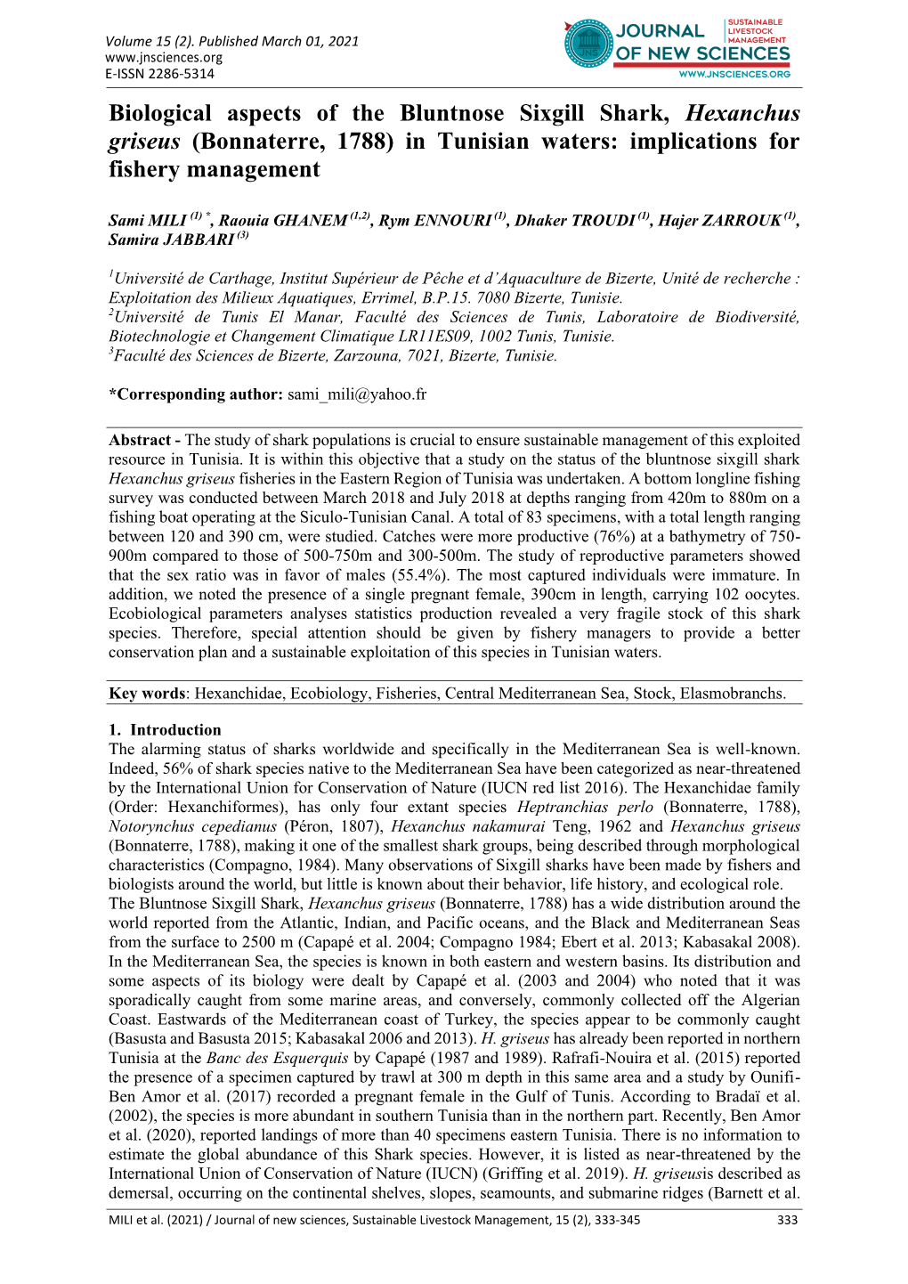 Biological Aspects of the Bluntnose Sixgill Shark, Hexanchus Griseus (Bonnaterre, 1788) in Tunisian Waters: Implications for Fishery Management