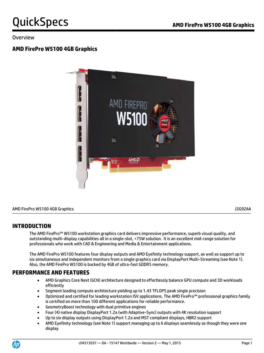 Quickspecs AMD Firepro W5100 4GB Graphics
