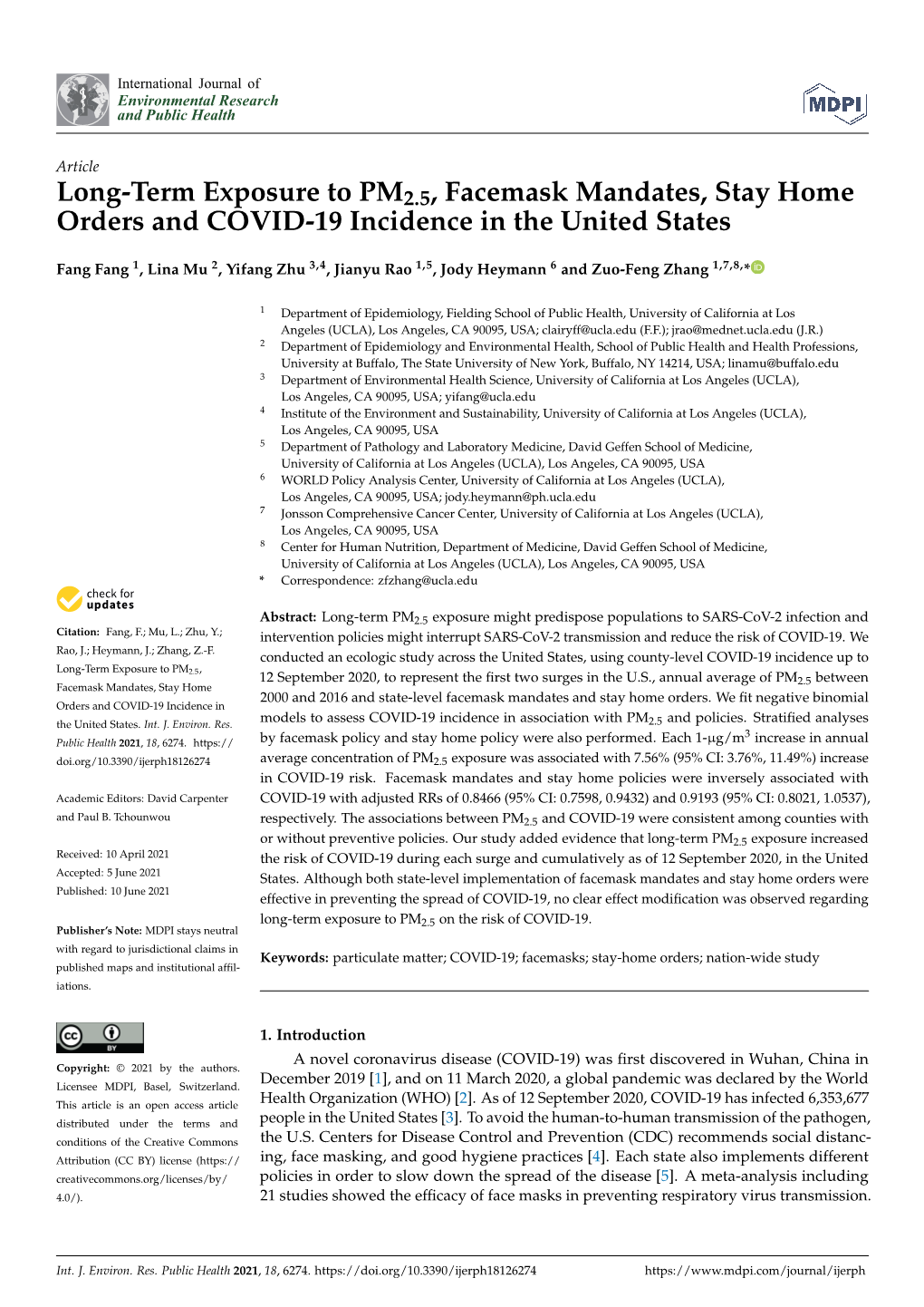 Long-Term Exposure to PM2.5, Facemask Mandates, Stay Home Orders and COVID-19 Incidence in the United States