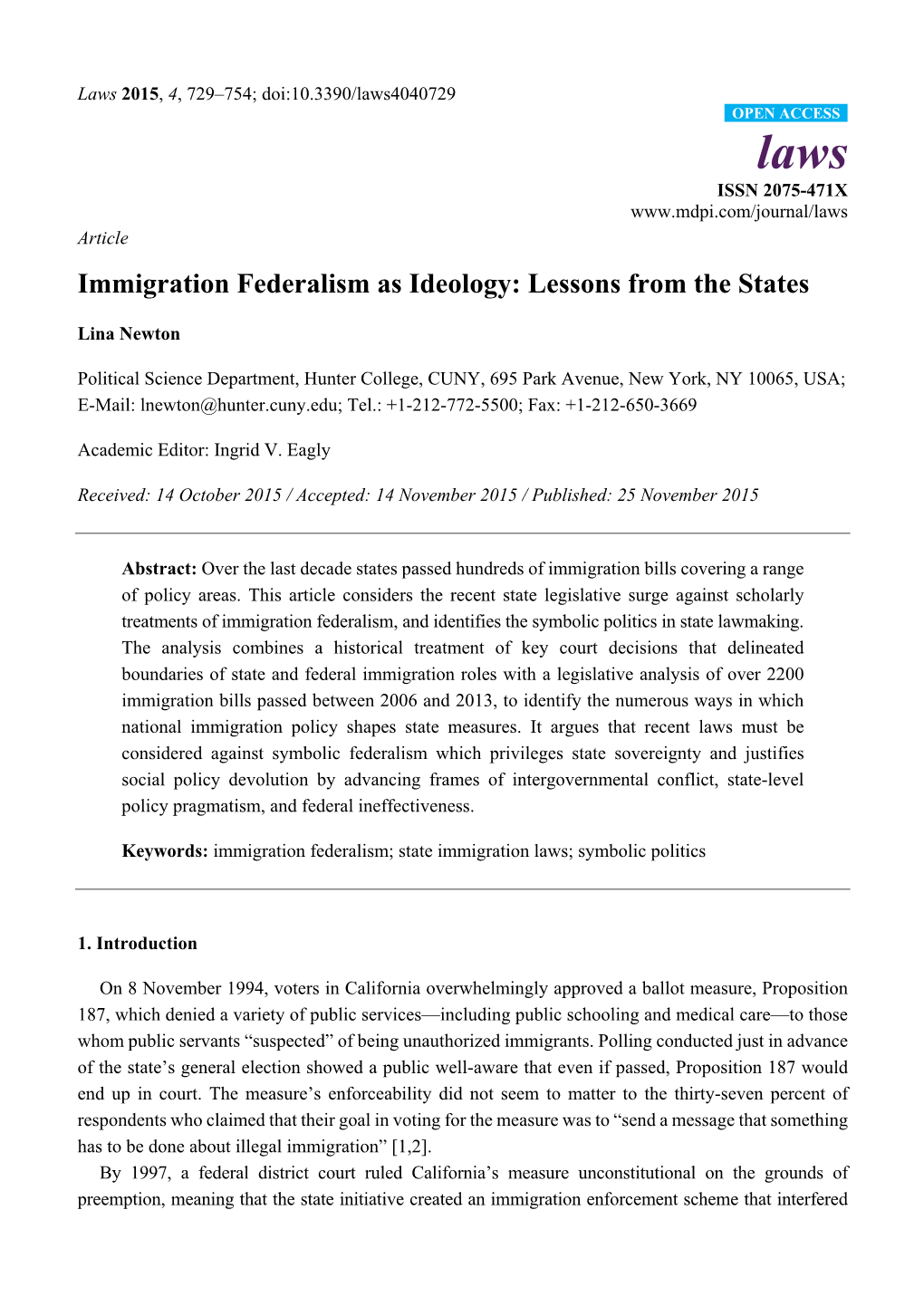 Immigration Federalism As Ideology: Lessons from the States