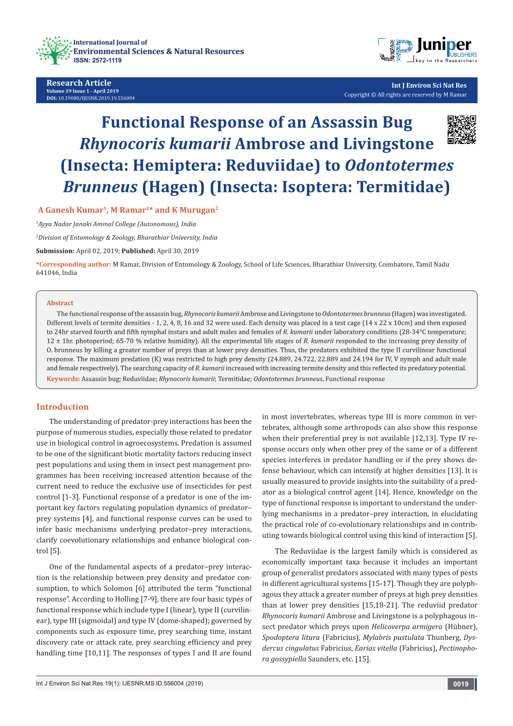Functional Response of an Assassin Bug Rhynocoris Kumarii Ambrose
