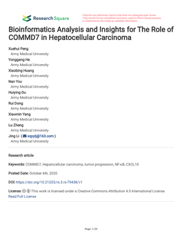 Bioinformatics Analysis and Insights for the Role of COMMD7 in Hepatocellular Carcinoma