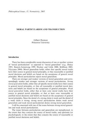 MORAL PARTICULARISM and TRANSDUCTION Gilbert Harman