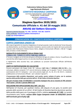Stagione Sportiva 2020/2021 Comunicato Ufficiale N. 41 Del 20