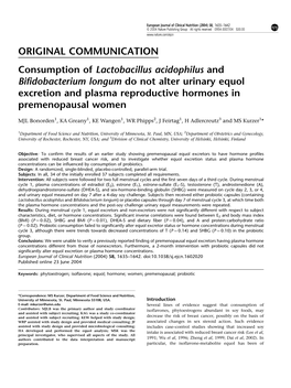 Consumption of Lactobacillus Acidophilus and Bifidobacterium Longum Do Not Alter Urinary Equol Excretion and Plasma Reproductive Hormones in Premenopausal Women