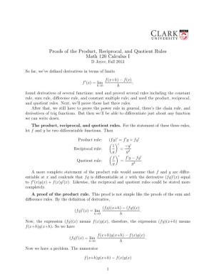 Proofs of the Product, Reciprocal, and Quotient Rules Math 120 Calculus I D Joyce, Fall 2013