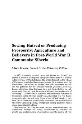 Agriculture and Believers in Post-World War II Communist Siberia