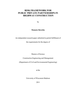 Risk Framework for Public Private Partnerships in Highway Construction