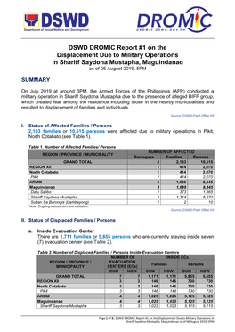 DSWD DROMIC Report #1 on the Displacement Due to Military Operations in Shariff Saydona Mustapha, Maguindanao As of 06 August 2019, 5PM