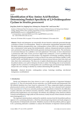 Identification of Key Amino Acid Residues Determining Product Specificity of 2, 3-Oxidosqualene Cyclase in Siraitia Grosvenorii