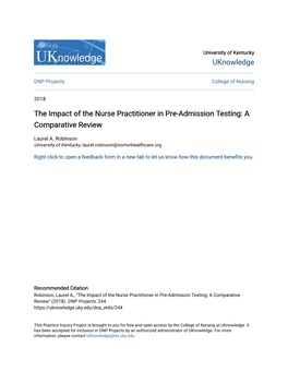 The Impact of the Nurse Practitioner in Pre-Admission Testing: a Comparative Review