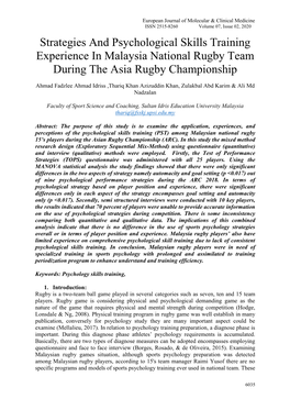 Strategies and Psychological Skills Training Experience in Malaysia National Rugby Team During the Asia Rugby Championship