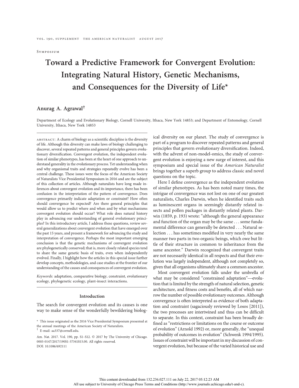 Toward a Predictive Framework for Convergent Evolution: Integrating Natural History, Genetic Mechanisms, and Consequences for the Diversity of Life*