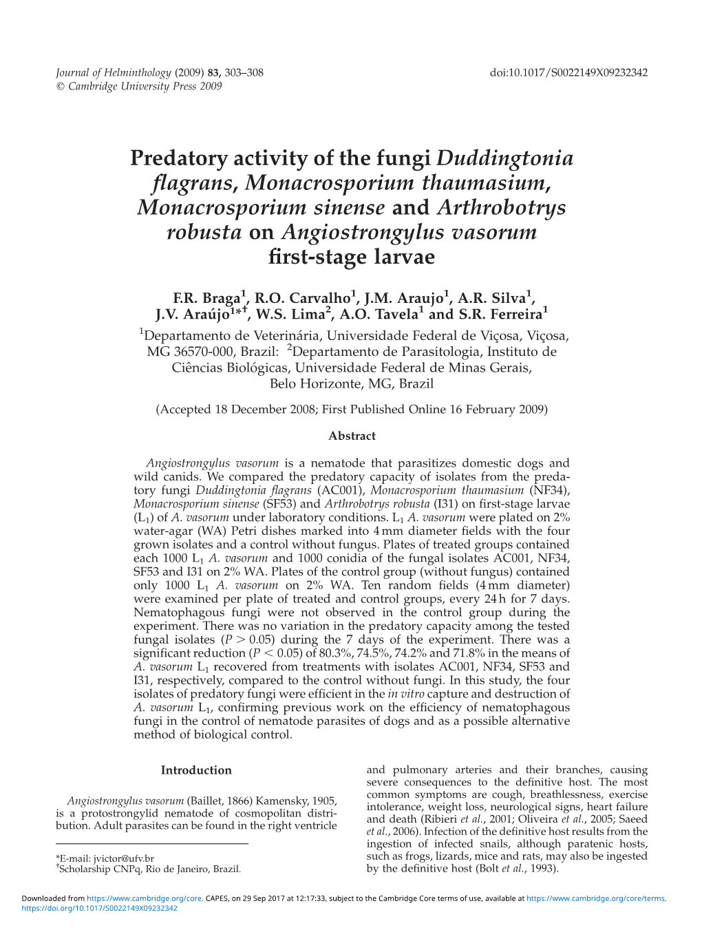 Predatory Activity of the Fungi Duddingtonia Flagrans