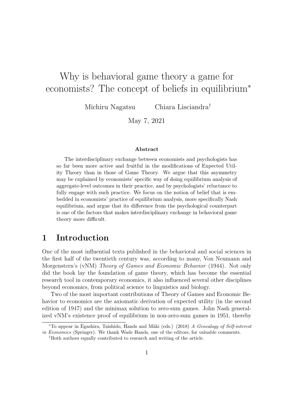 Why Is Behavioral Game Theory a Game for Economists? the Concept of Beliefs in Equilibrium∗
