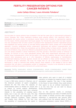 FERTILITY PRESERVATION OPTIONS for CANCER PATIENTS Justo Callejo Olmos,1 Laura Almeida Toledano2