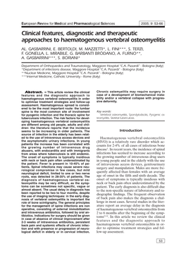 Clinical Features, Diagnostic and Therapeutic Approaches to Haematogenous Vertebral Osteomyelitis AL