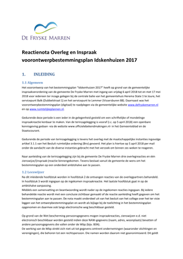 Reactienota Overleg En Inspraak Voorontwerpbestemmingsplan Idskenhuizen 2017