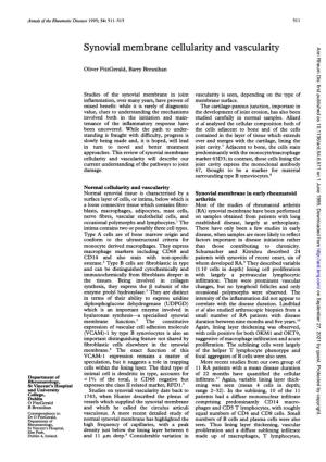 Synovial Membrane Cellularity and Vascularity Ann Rheum Dis: First Published As 10.1136/Ard.54.6.511 on 1 June 1995