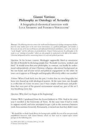Gianni Vattimo Philosophy As Ontology of Actuality a Biographical-Theoretical Interview with Luca Savarino and Federico Vercellone1