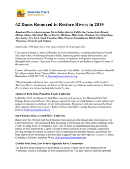 62 Dams Removed to Restore Rivers in 2015