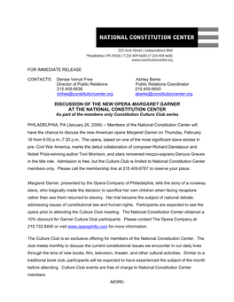 DISCUSSION of the NEW OPERA MARGARET GARNER at the NATIONAL CONSTITUTION CENTER As Part of the Members Only Constitution Culture Club Series