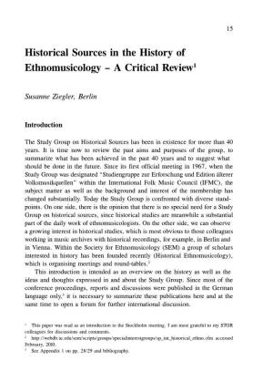 Historical Sources in the History of Ethnomusicology – a Critical Review1