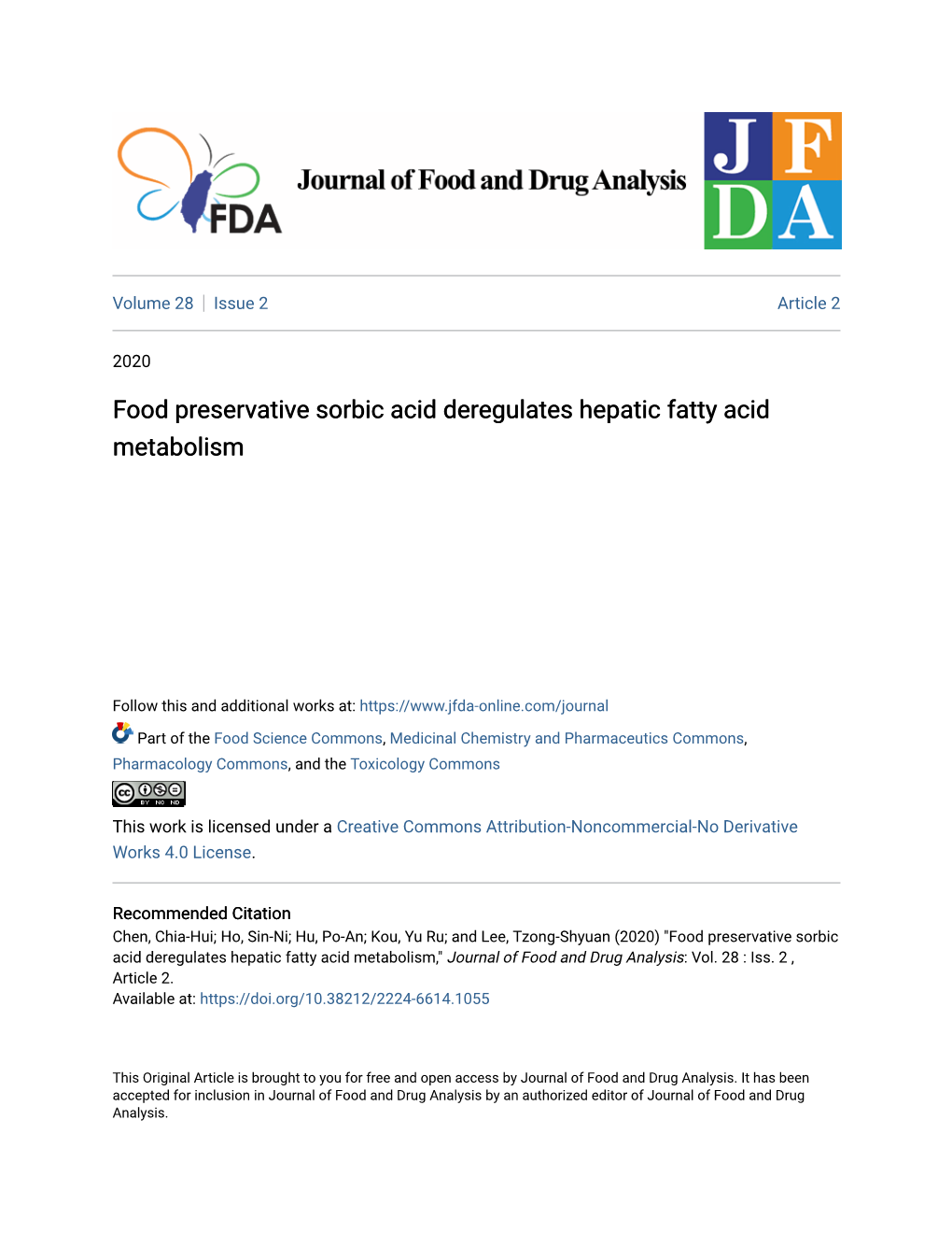 Food Preservative Sorbic Acid Deregulates Hepatic Fatty Acid Metabolism