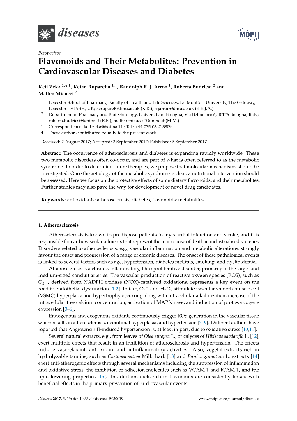 Flavonoids and Their Metabolites: Prevention in Cardiovascular Diseases and Diabetes