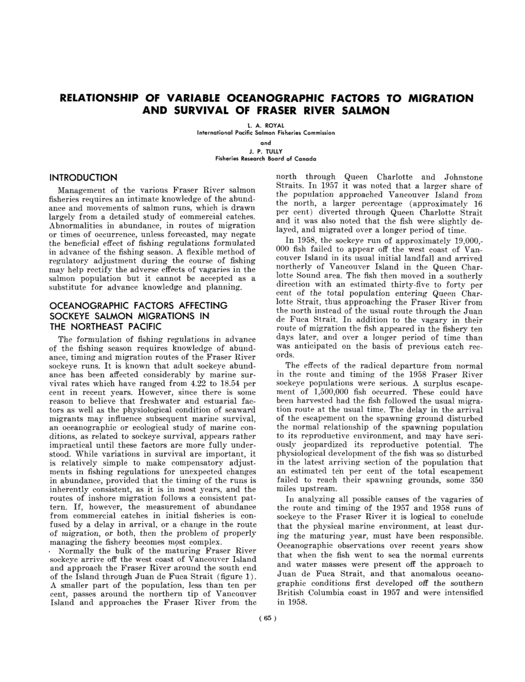 Relationship of Variable Oceanographic Factors to Migration and Survival of Fraser River Salmon