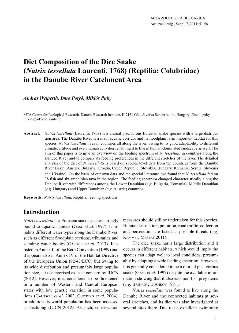 Diet Composition of the Dice Snake (Natrix Tessellata Laurenti, 1768) (Reptilia: Colubridae) in the Danube River Catchment Area