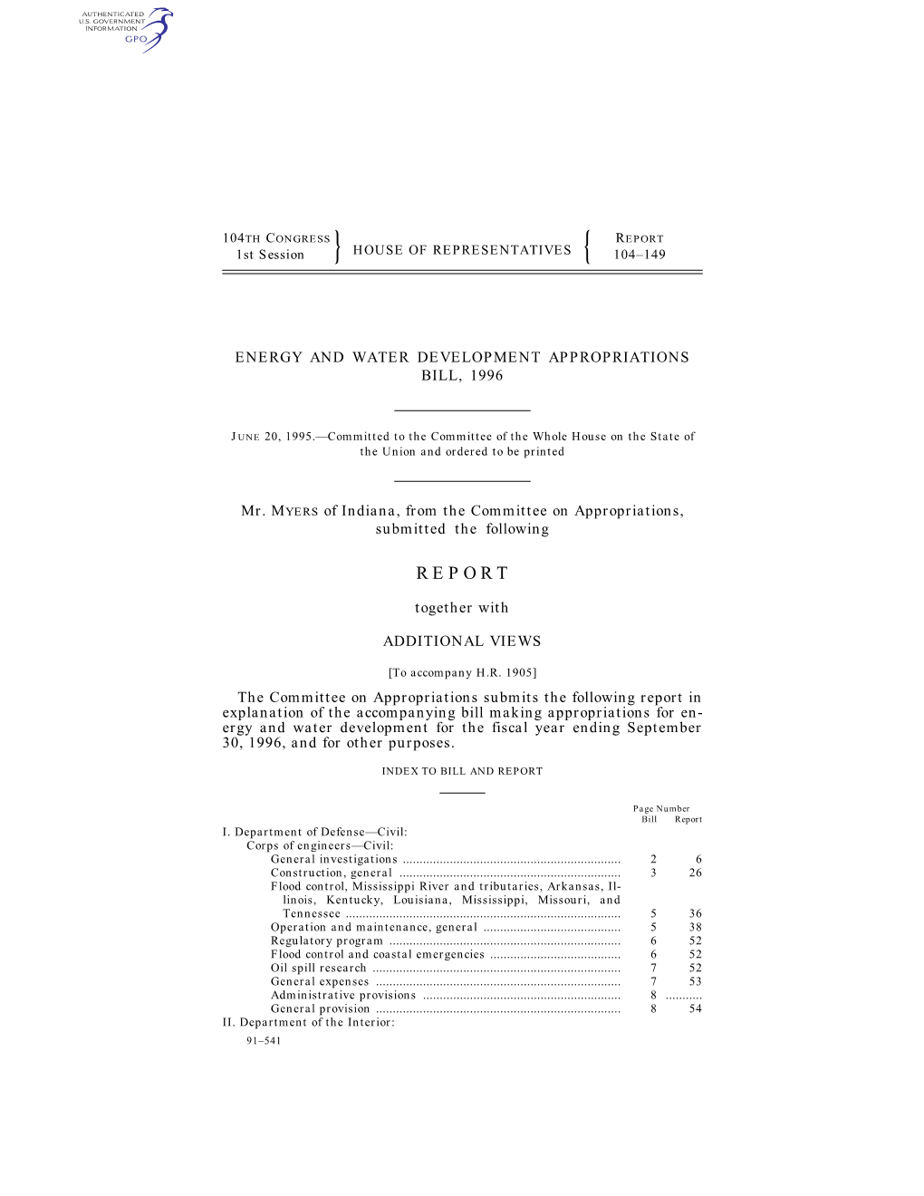 REPORT 1St Session HOUSE of REPRESENTATIVES 104–149 