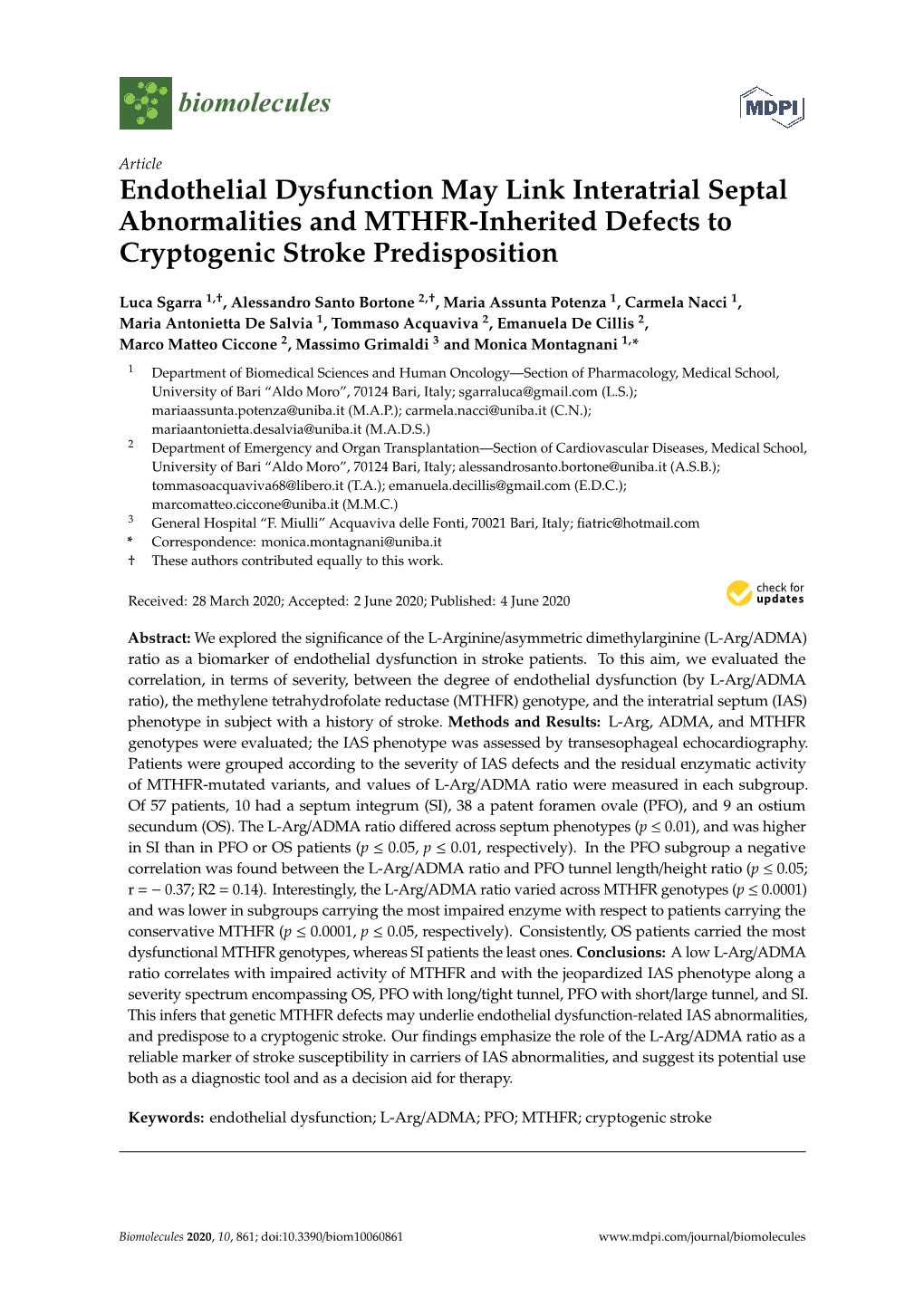 Endothelial Dysfunction May Link Interatrial Septal Abnormalities and MTHFR-Inherited Defects to Cryptogenic Stroke Predisposition