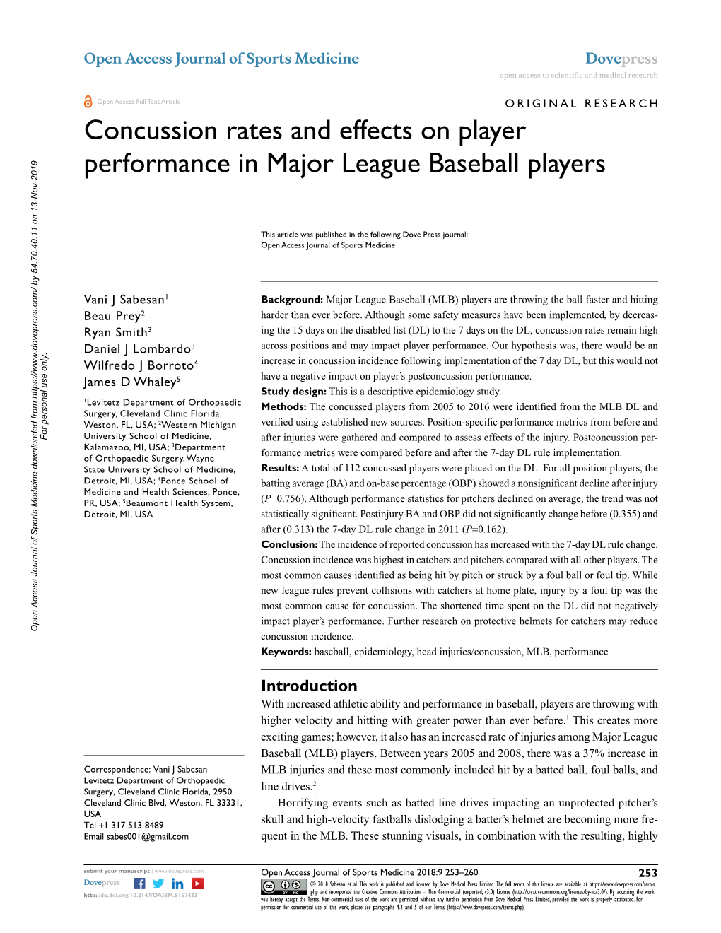 Concussion Rates and Effects on Player Performance in Major League Baseball Players