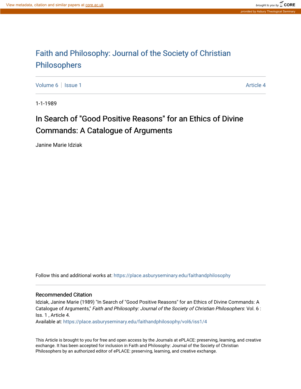 Good Positive Reasons" for an Ethics of Divine Commands: a Catalogue of Arguments