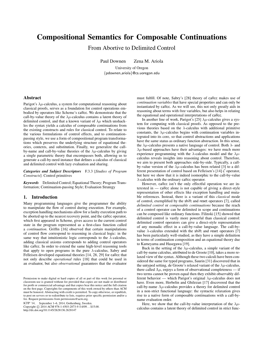 Compositional Semantics for Composable Continuations from Abortive to Delimited Control