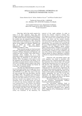 Millepora Alcicornis (CNIDARIA: HYDROZOA) AS SUBSTRATE for BENTHIC FAUNA