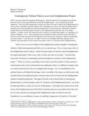 Contemporary Political Theory As an Anti-Enlightenment Project