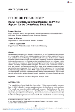 PRIDE OR PREJUDICE? Racial Prejudice, Southern Heritage, and White Support for the Confederate Battle Flag