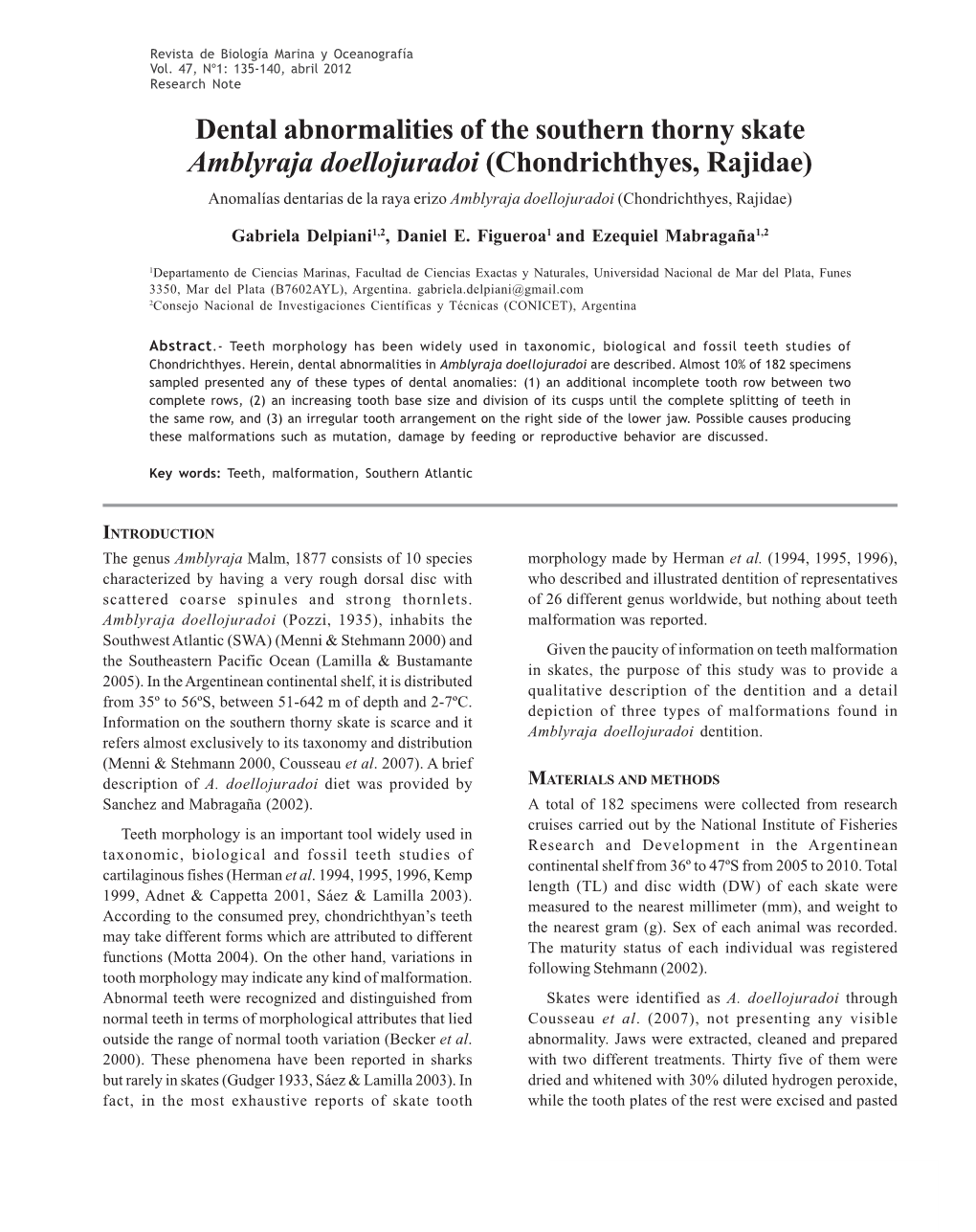 Dental Abnormalities of the Southern Thorny Skate