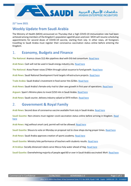 Weekly Update from Saudi Arabia 1. Economy, Budgets and Finance 2
