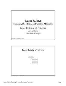 Laser Safety: Hazards, Bioeffects, and Control Measures Laser Institute of America Gus Anibarro Education Manager