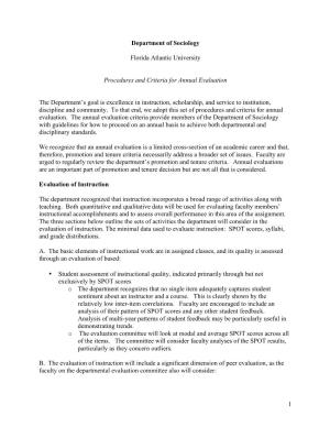 1 Department of Sociology Florida Atlantic University Procedures and Criteria for Annual Evaluation the Department's Goal Is E