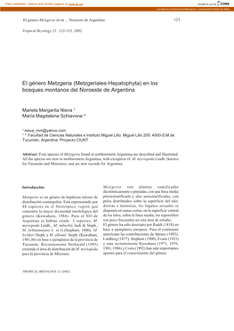 El Género Metzgeria (Metzgeriales-Hepatophyta) En Los Bosques Montanos Del Noroeste De Argentina