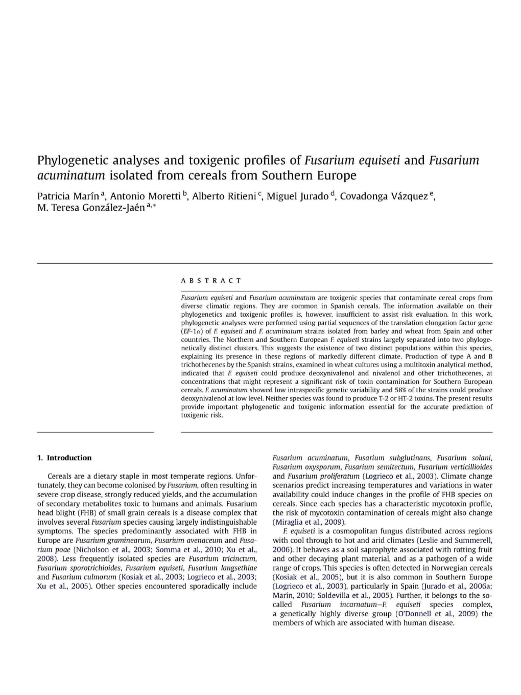 Phylogenetic Analyses and Toxigenic Profiles of Fusarium Equiseti and Fusarium Acuminatum Isolated from Cereals from Southern Eu