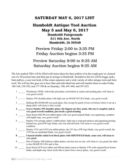 SATURDAY MAY 6, 2017 LIST Humboldt Antique Tool Auction May