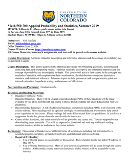 Math 550-700 Applied Probability and Statistics, Summer 2019